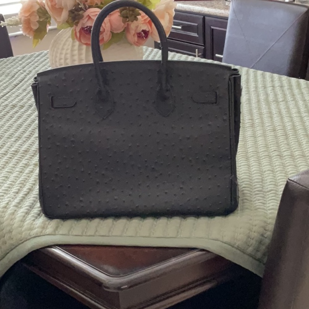 Black Ostrich-Texture Top-Handle Satchel with Gold Hardware - Picture 2 of 3